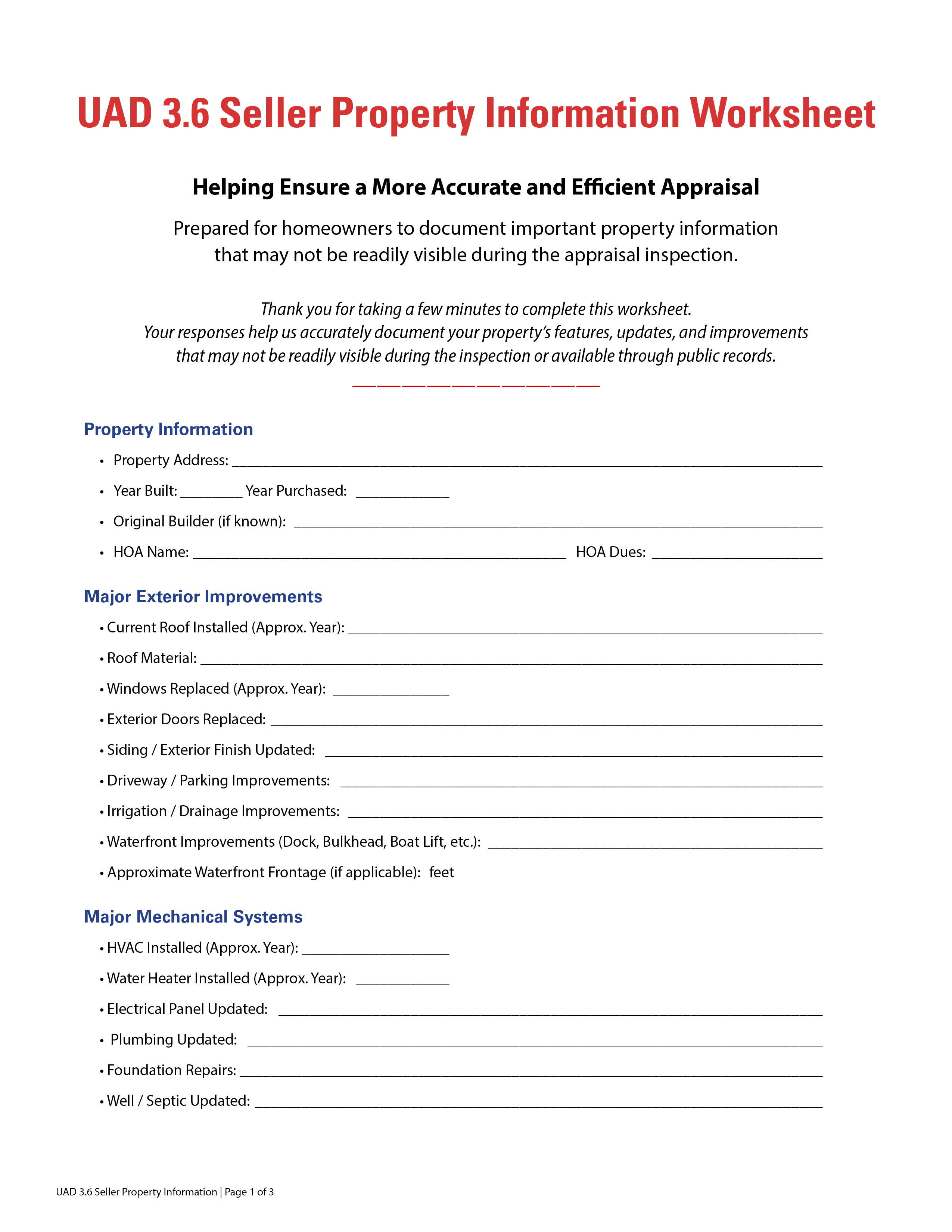UAD 3.6 Seller Property Information Worksheet