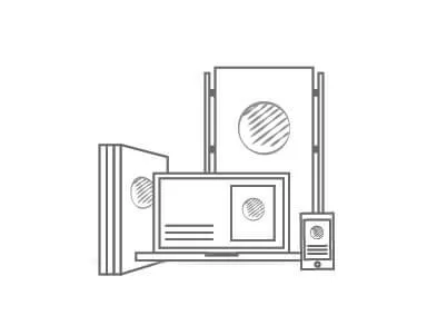 Gray line art drawing of computer, books and signs