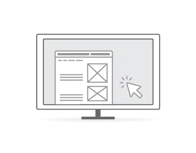 Line art illustration of a computer monitor with website wireframe of a website