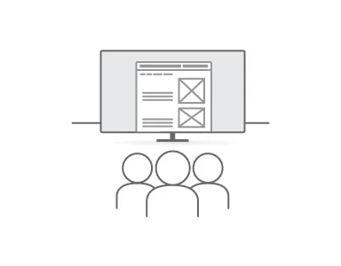 Line art illustration of an audience looking at a computer monitor