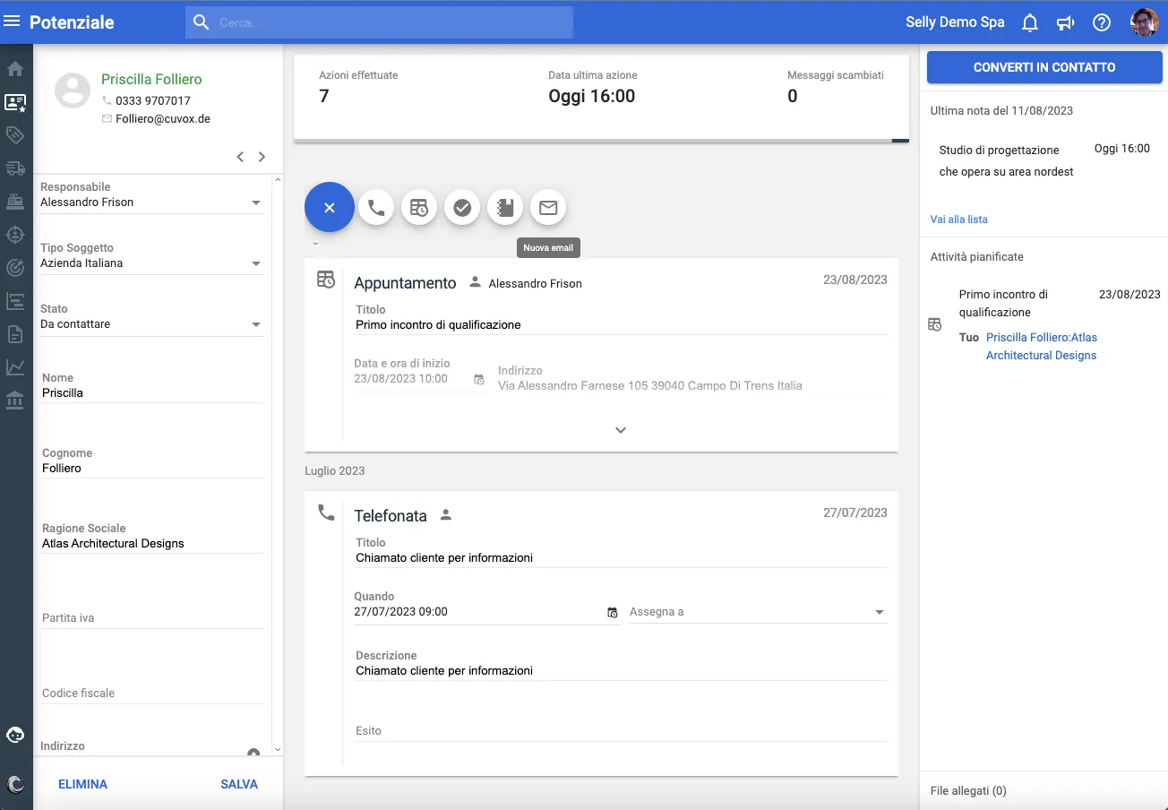 Interfaccia della scheda contatto nel software CRM Selly ERP con la gestione dei dati anagrafici del potenziale cliente, lo storico delle telefonate effettuate e la pianificazione degli appuntamenti della rete commerciale.