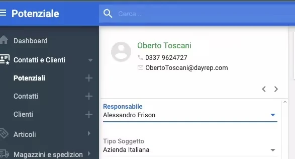 Interfaccia del CRM gestione clienti per assegnare un nuovo potenziale contatto al responsabile delle vendite.