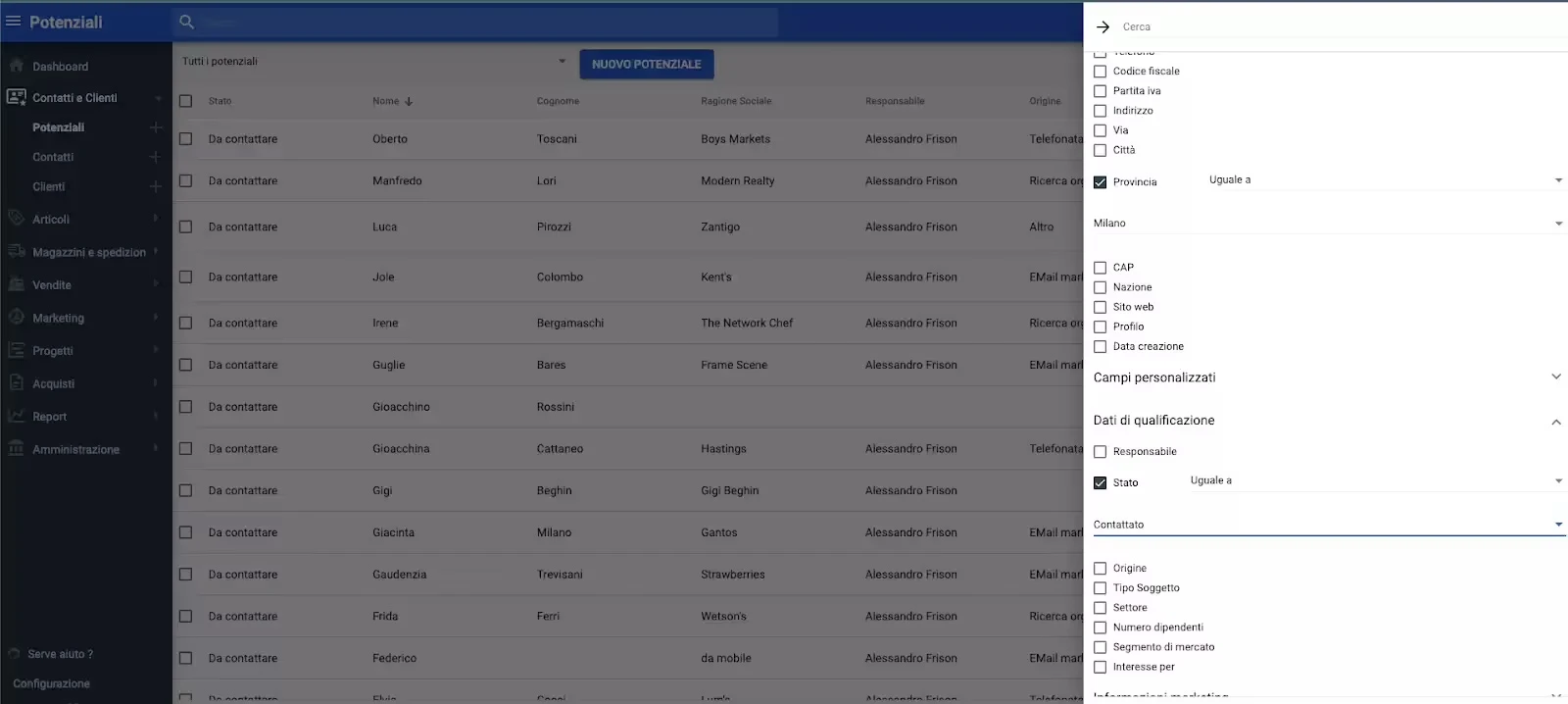 Utilizzo dei filtri avanzati nel CRM gestione lead per segmentare i potenziali clienti in base alla provincia e allo stato del contatto.
