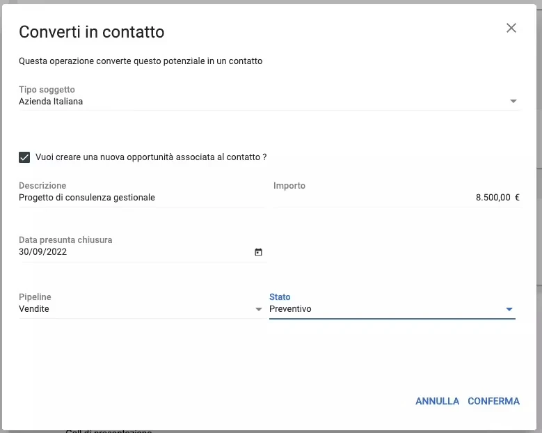 Finestra di dialogo per la conversione di un lead in contatto aziendale e la contestuale creazione di un'opportunità commerciale nel sistema.