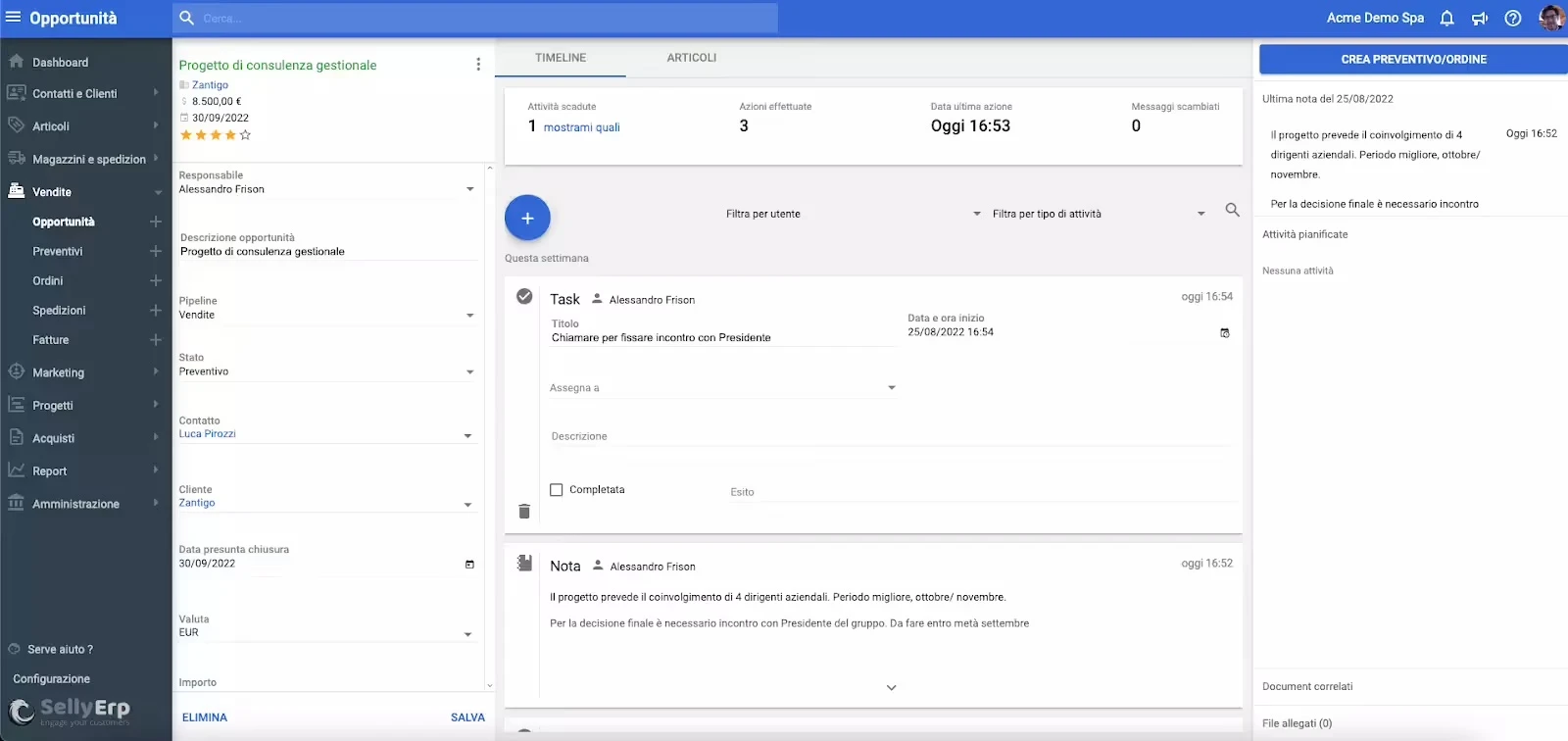 Schermata dettagliata del CRM gestione contatti che mostra la timeline delle attività, le note e i task pianificati su un'opportunità di vendita.