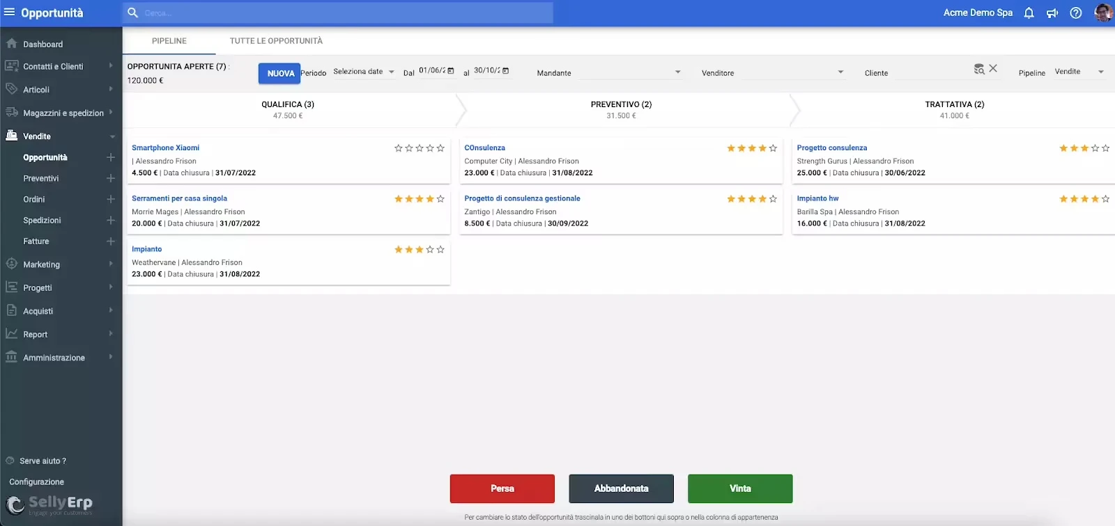 Visualizzazione a imbuto della pipeline commerciale nel software gestione clienti con le opportunità divise tra qualifica, preventivo e trattativa.