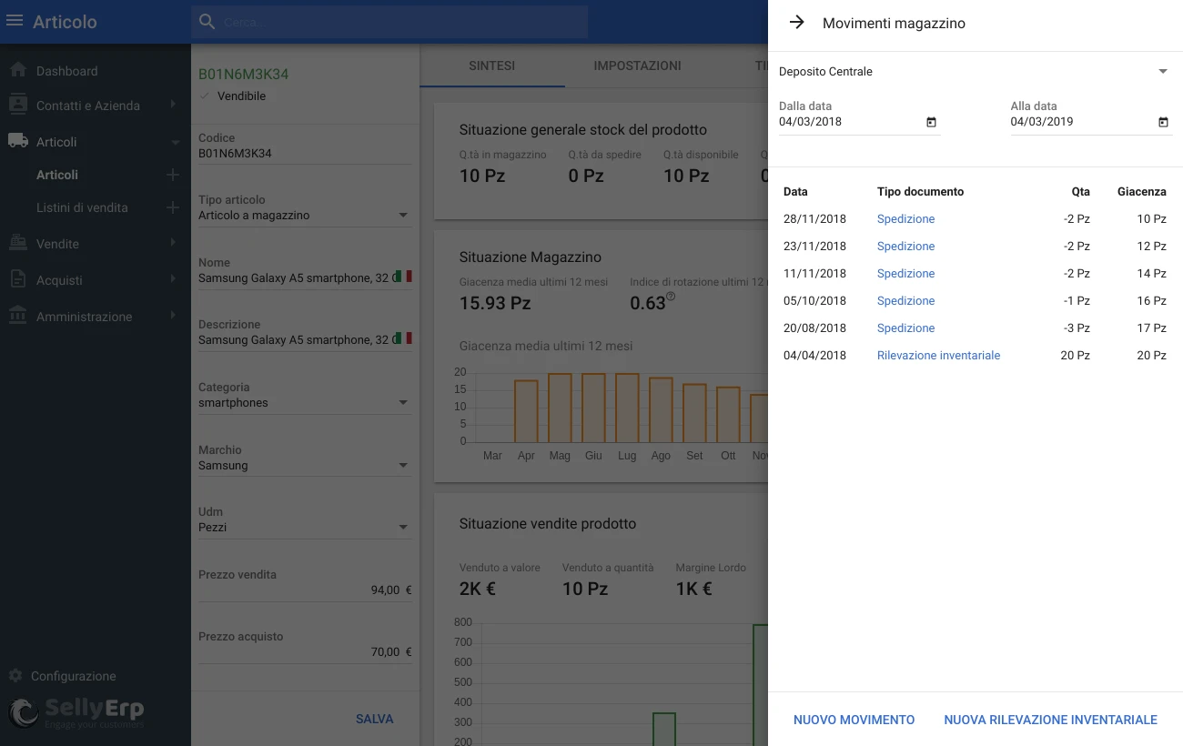 Interfaccia di Selly Erp con scheda articolo, storico movimenti e controllo giacenze del deposito centrale