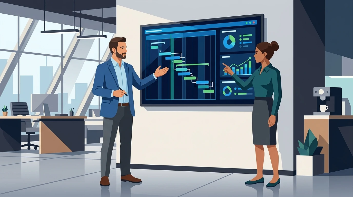 Project manager e responsabile tecnica che analizzano il diagramma di Gantt per la gestione progetti e il controllo dei processi e commesse in una PMI.