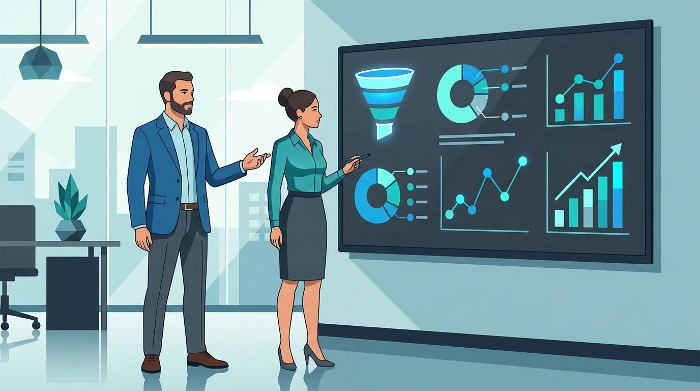 Direttore commerciale e consulente che utilizzano un software CRM per analizzare il funnel di vendita e la gestione dei lead su uno schermo digitale.
