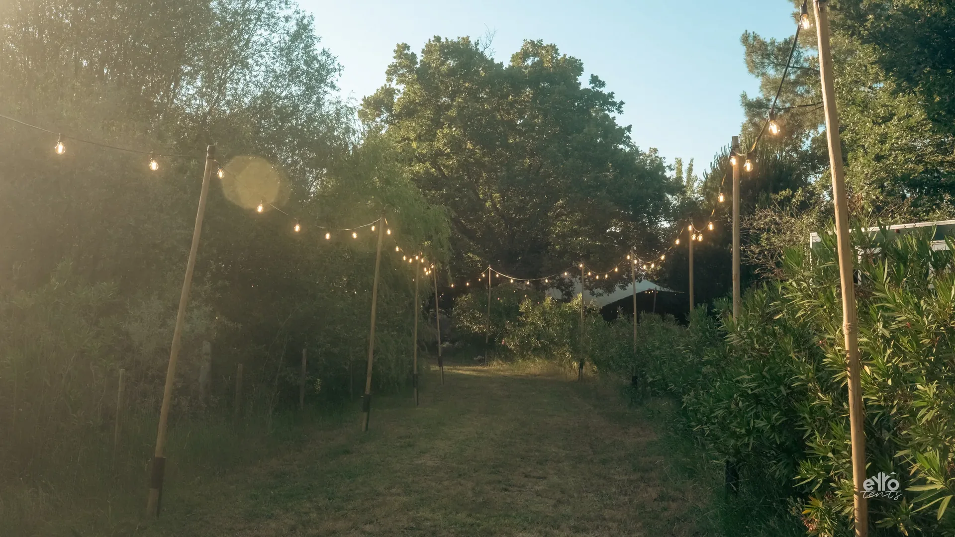 Outdoor festoon lighting on poles