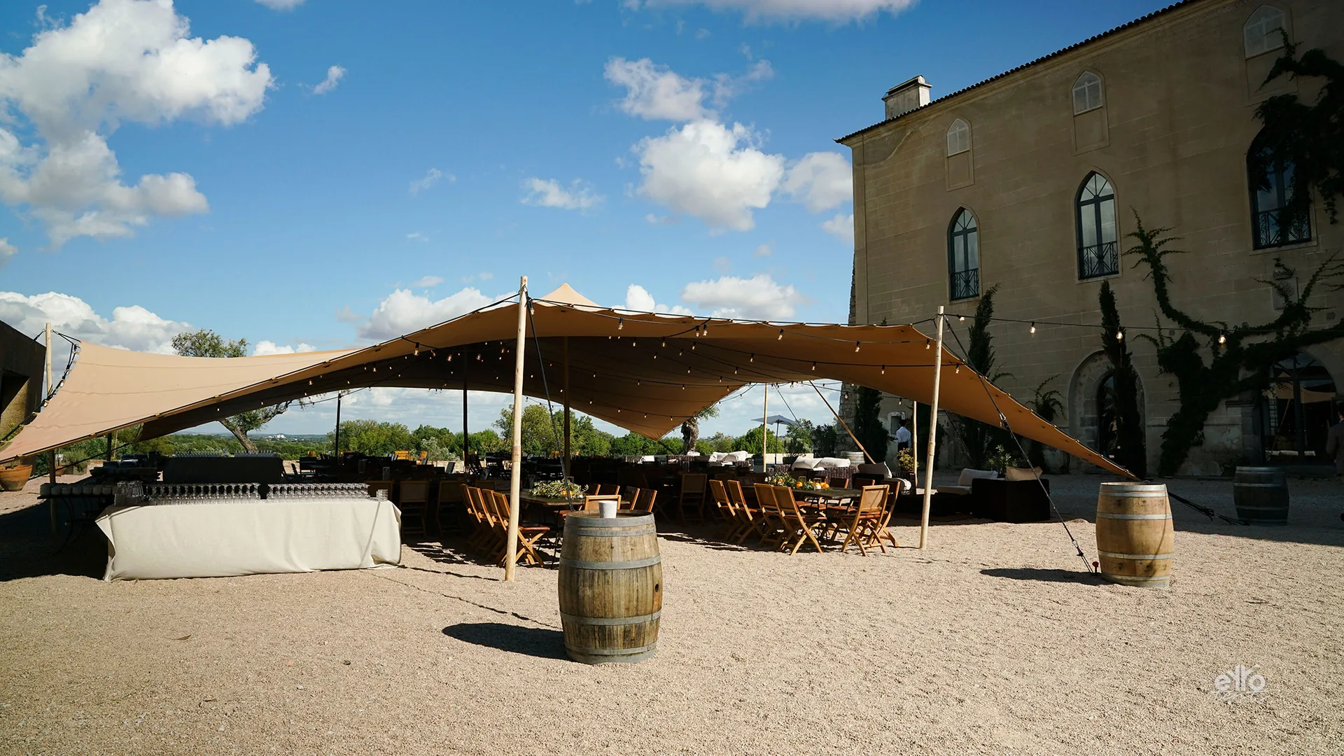 Stretch tent pitched outdoors