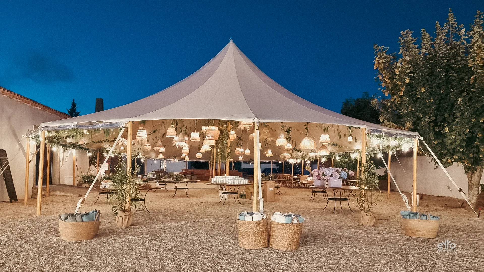 Sailcloth tent pitched outdoors