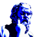 Blue monochrome sculpture of a thoughtful bearded man resting his chin on his hand.