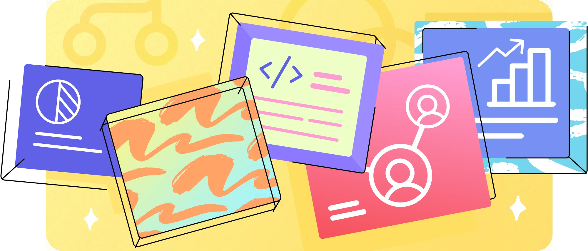 Grow Hack Scale illustration: a spread of overlapping panels — charts, code, profiles and patterns