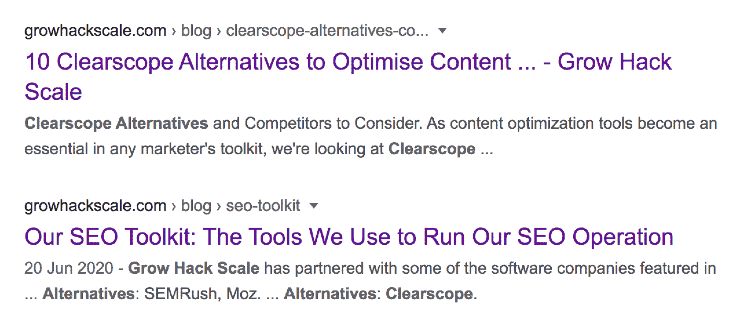 How to improve SEO: screenshot of Google SERPs showing Grow Hack Scale blog articles
