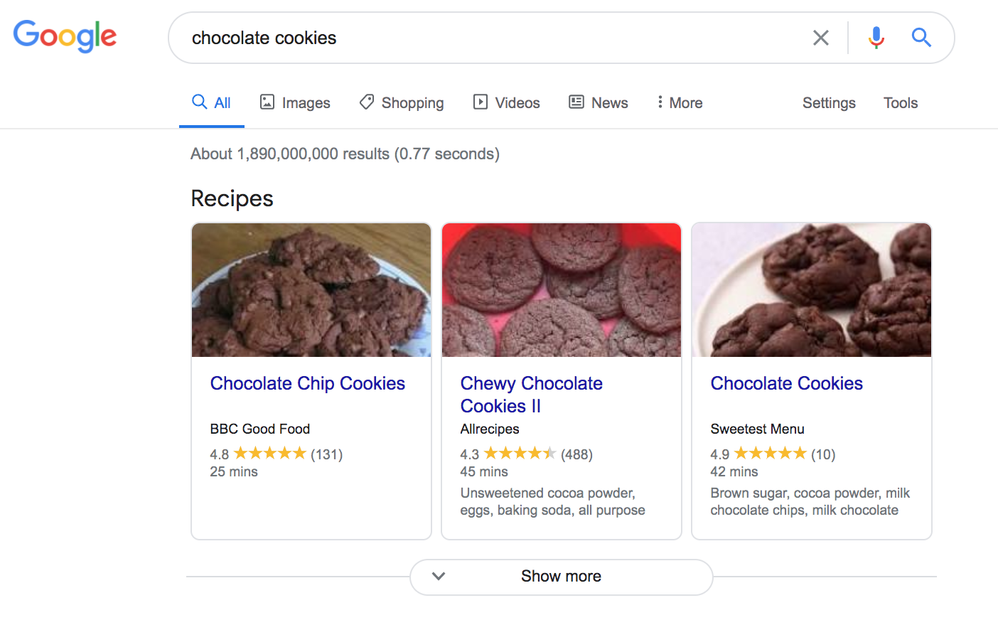 Google ranking factors: Google search results for chocolate cookies