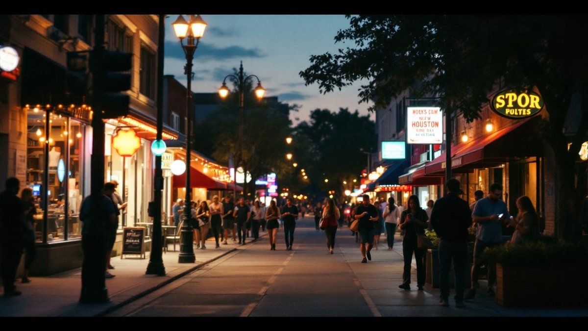 Houston street with small businesses, people on smartphones, ecommerce website functionality