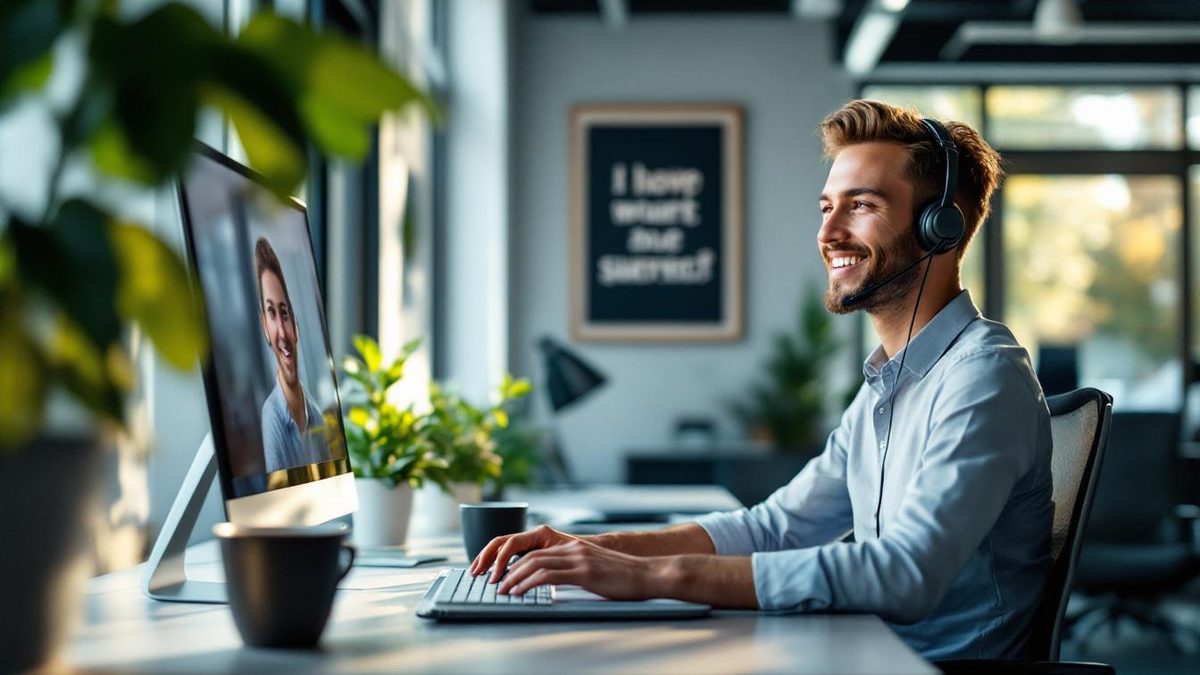 Customer service representative assisting a customer through live chat in a modern office.