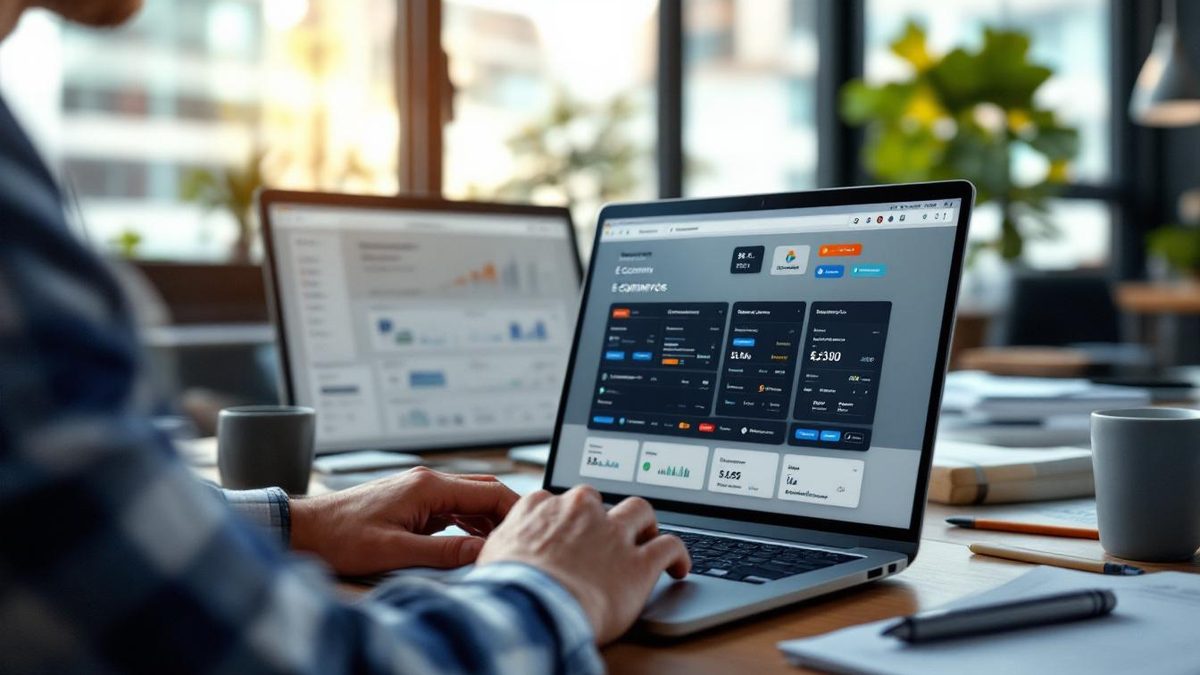Close-up of an ecommerce website dashboard with third-party integrations in a Houston office.