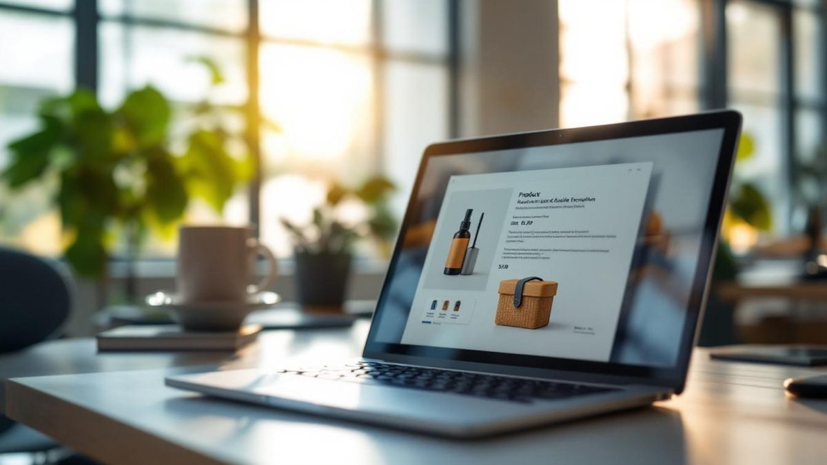 Close-up of a product display with a laptop showing product images and descriptions in a modern workspace.