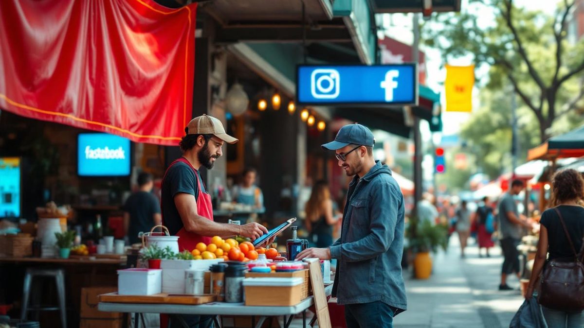 Small business owner using a tablet to showcase social media ads in a Houston street market.