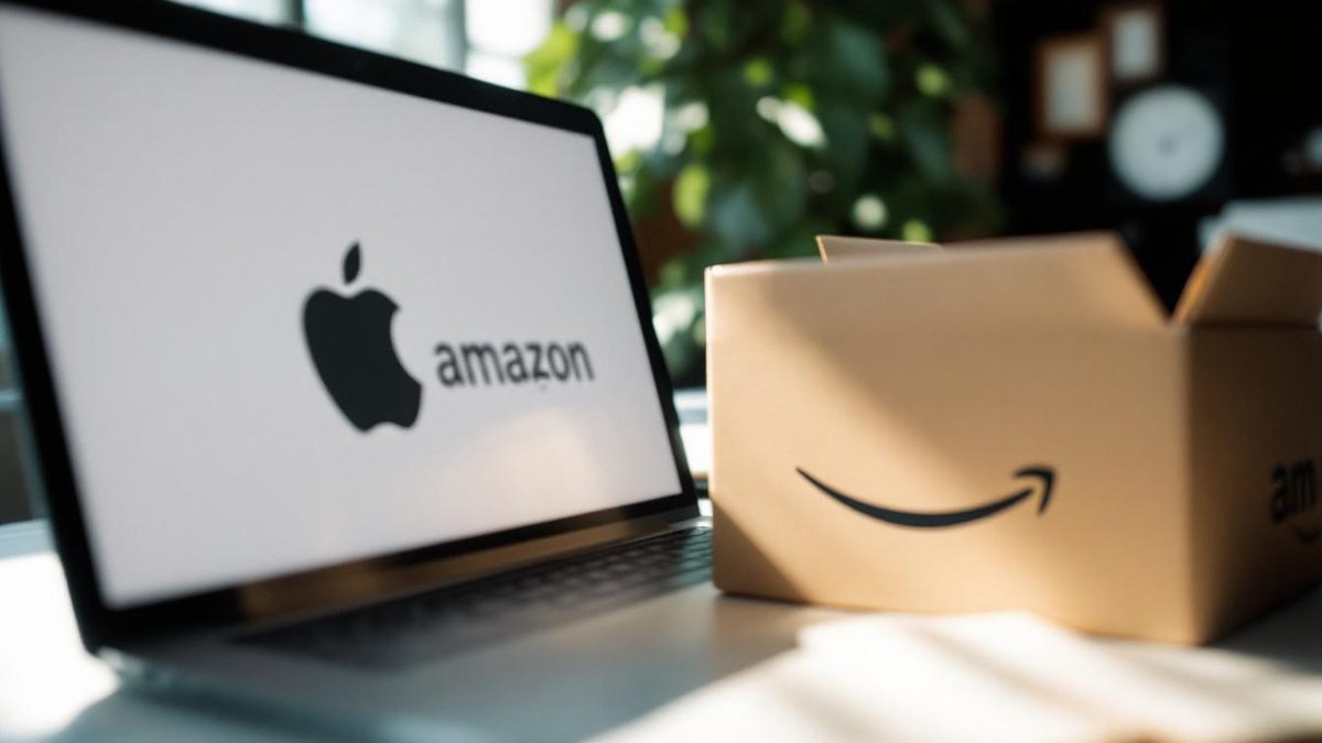 Modern office workspace with Apple logo on laptop and Amazon package.