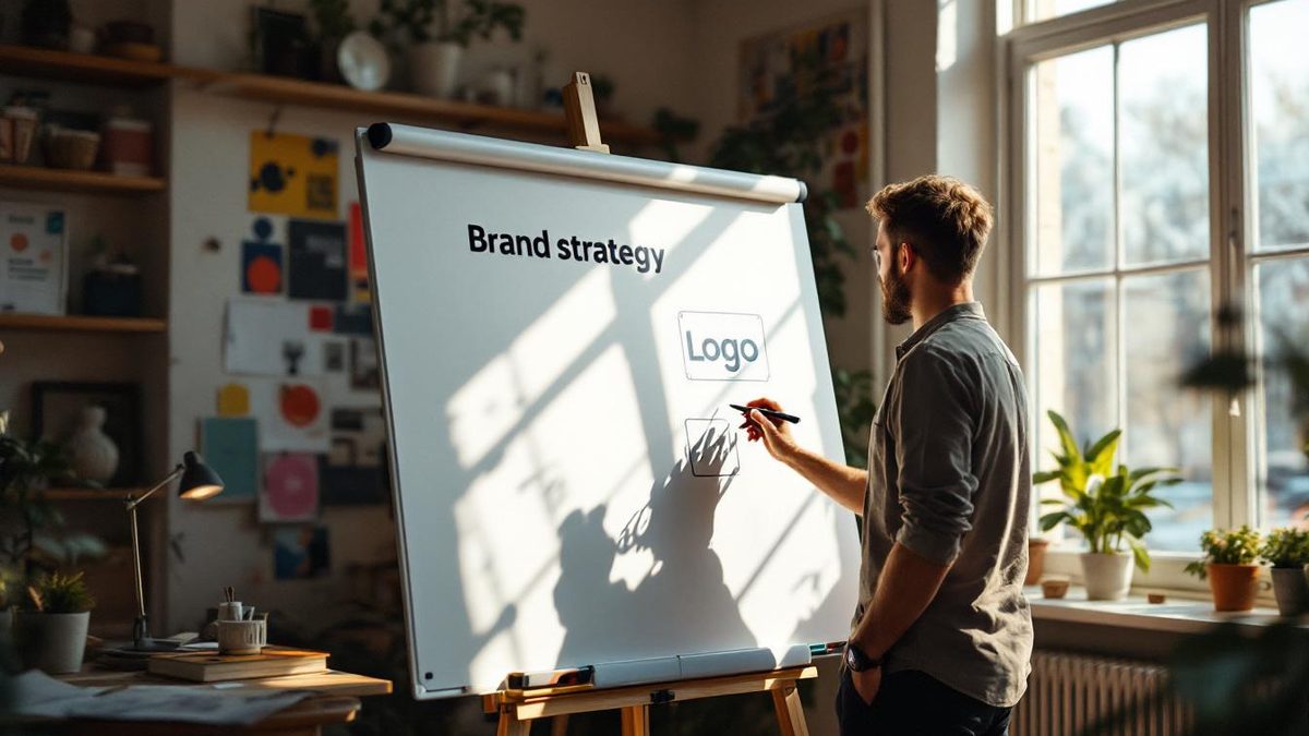 Designer integrating logo concepts into a brand strategy in a bright creative workspace.