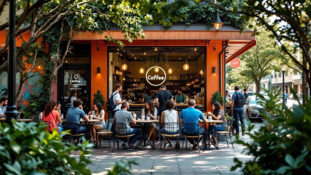 A new coffee shop in The Heights, Houston, featuring a modern logo and a lively atmosphere.