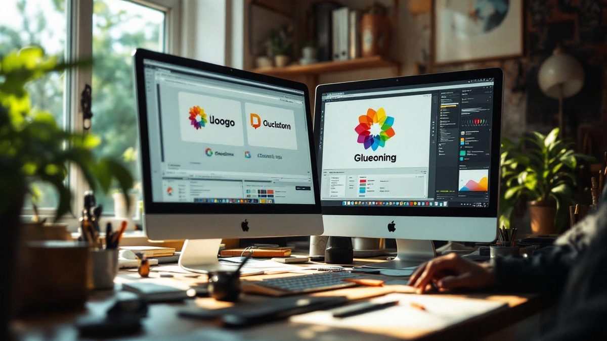 Designer workspace showing a comparison of modern and outdated logos.