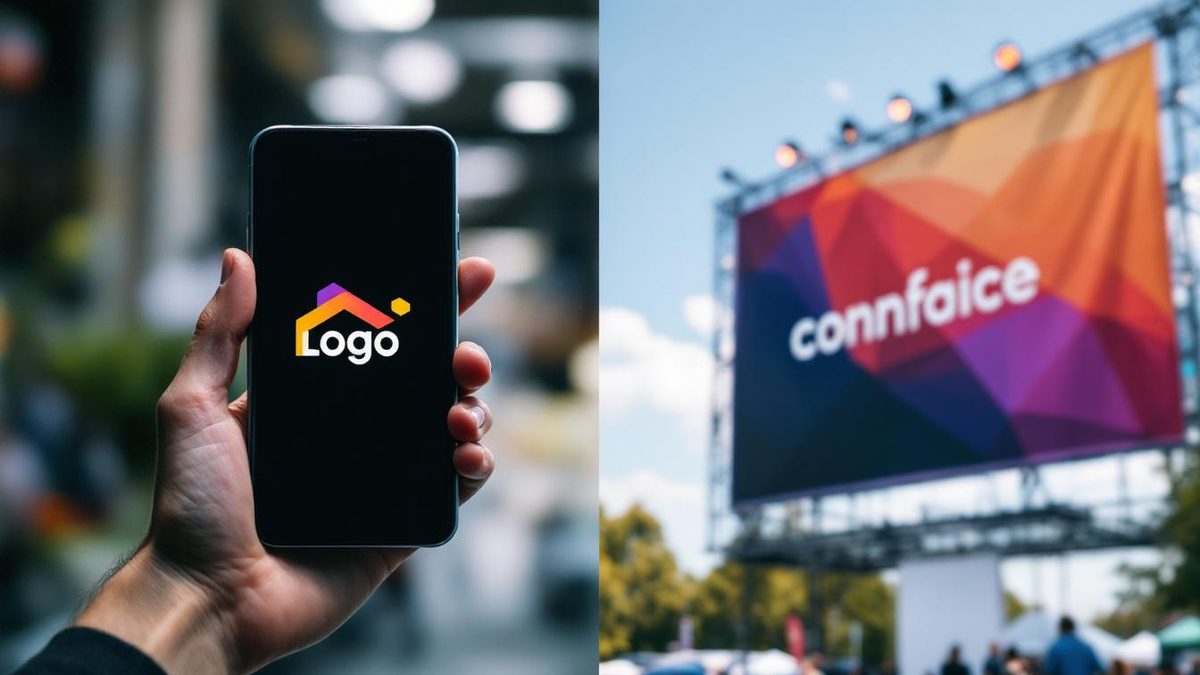 A visual comparison of a logo's versatility on a smartphone and a conference banner.