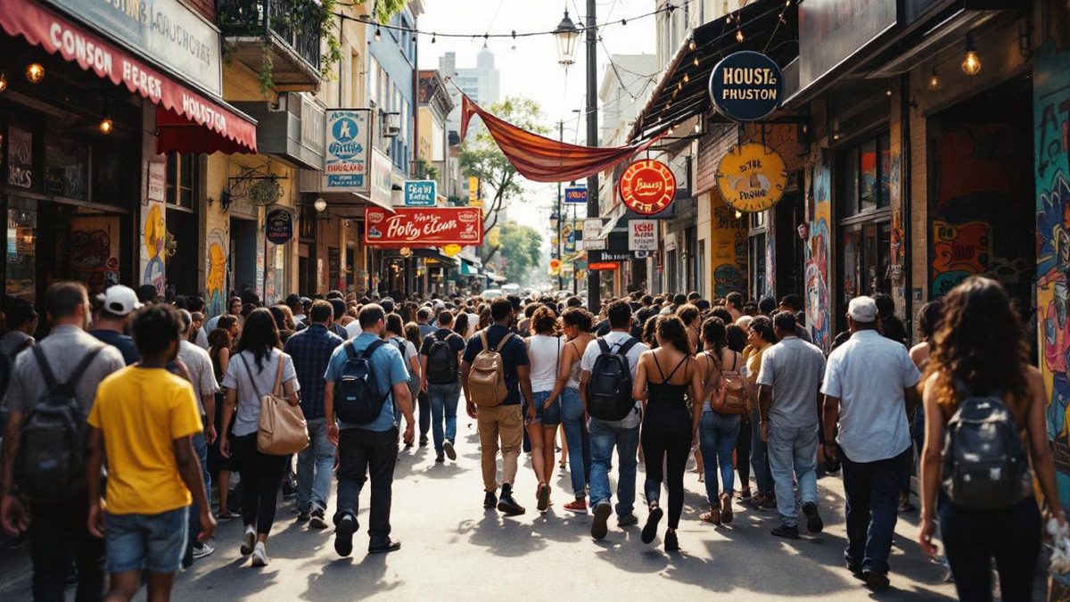 Diverse crowd in Houston engaging with local businesses, highlighting the city's unique market.