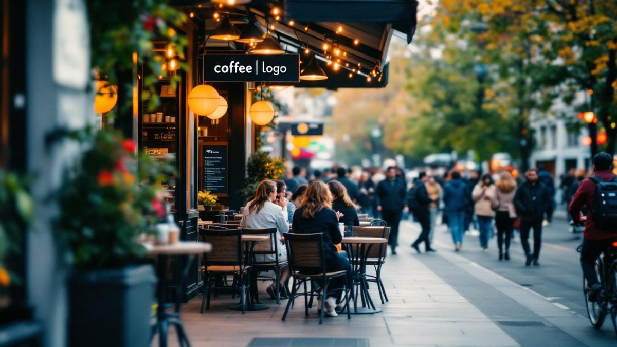 A busy urban street with a newly branded café showcasing a fresh logo and lively atmosphere.