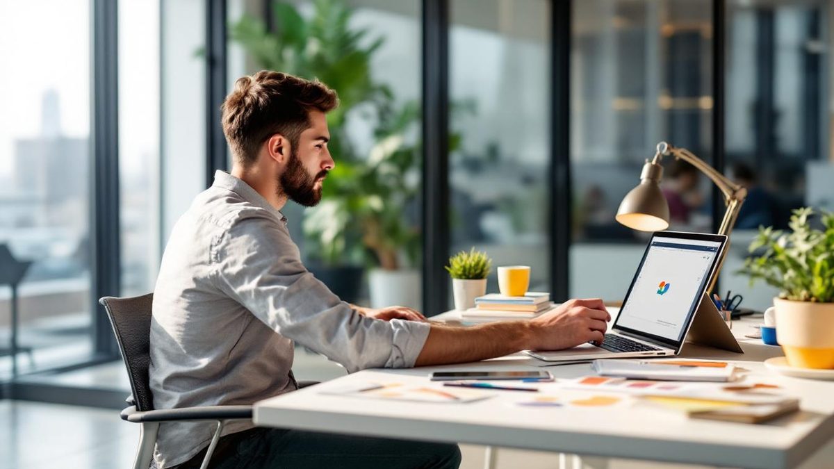 Designer balancing modern trends with classic branding at a bright office desk.