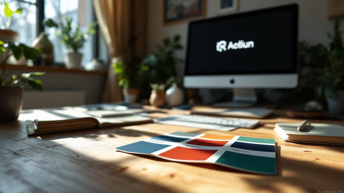 Designer workspace with timeless color palette for logo design.