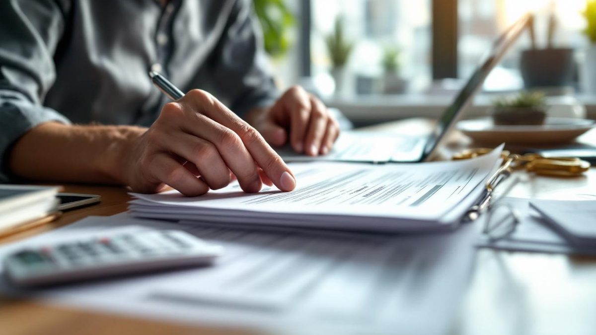 Business owner analyzing local tax regulations and compliance documents at a desk.