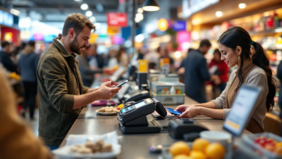 A checkout counter displaying multiple payment methods including credit cards and digital wallets.