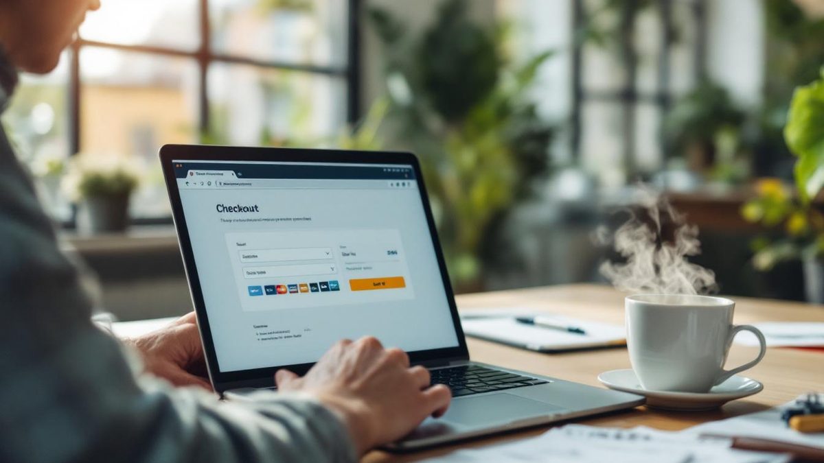 User testing the payment process on an ecommerce website in a modern office.