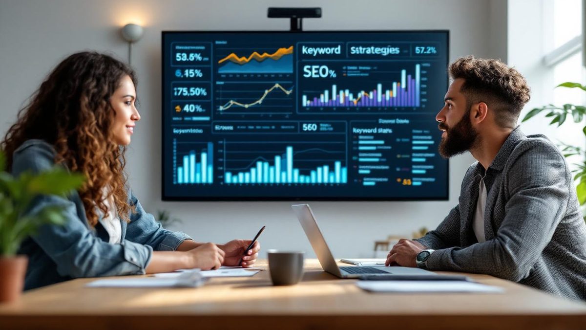 Digital marketing team discussing SEO strategies in a modern office.