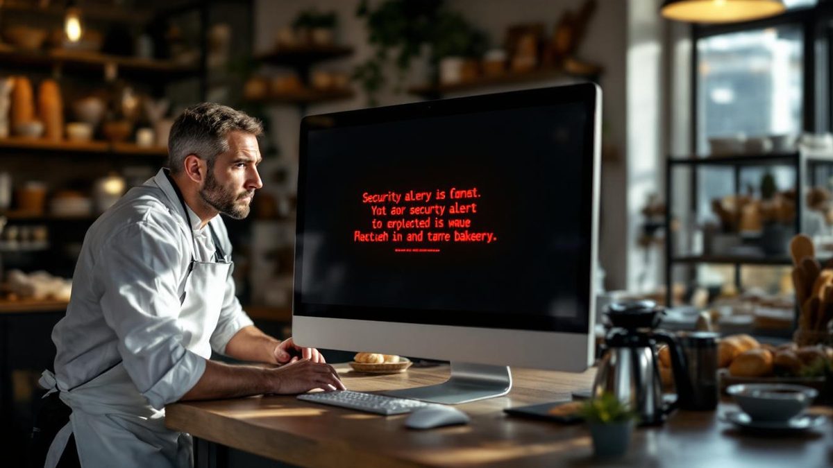 A bakery employee concerned about a security alert on their computer screen.