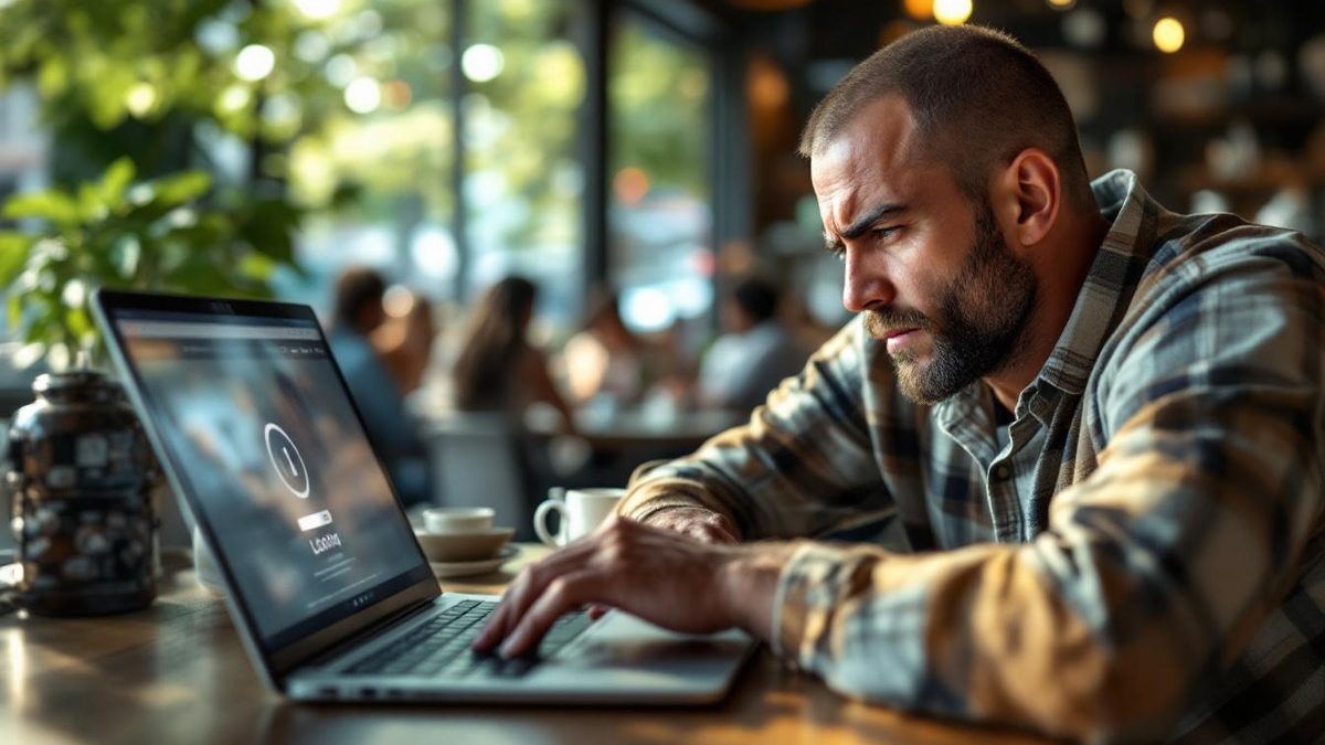Frustrated customer experiencing poor website performance at a cafe in Houston.