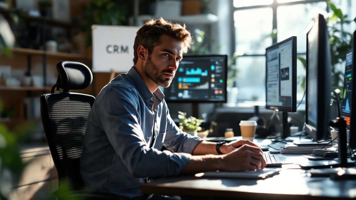 Small business owner integrating website with business systems in a Houston office.