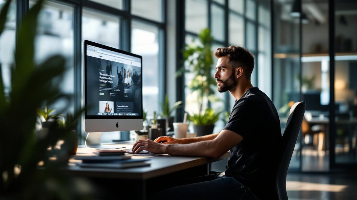 Web designer in Houston reviewing web design features on a monitor