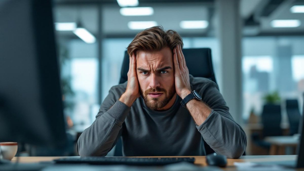 Frustrated user reacting to autoplay media on a website in an office setting.