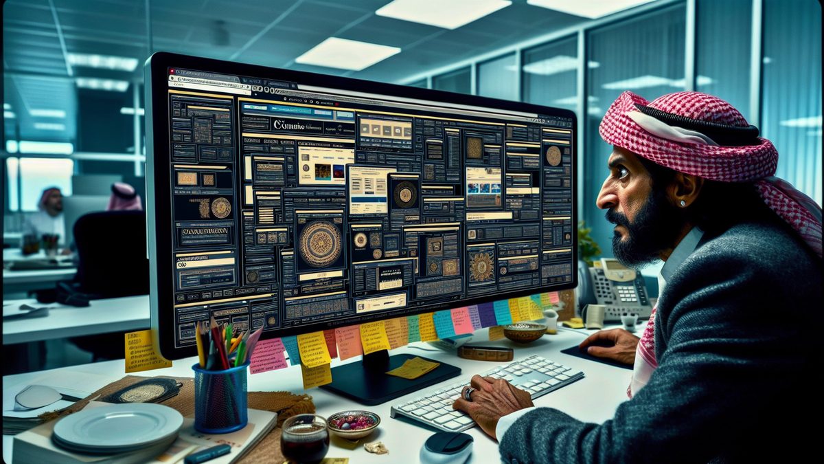 A designer examining an outdated website design on a computer screen in a modern office.
