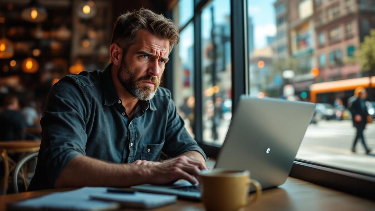 Frustrated user waiting for a website to load in a Houston café.