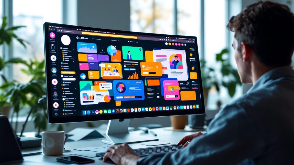 Frustrated designer analyzing a flashy and complex website design on a computer screen in a modern office.