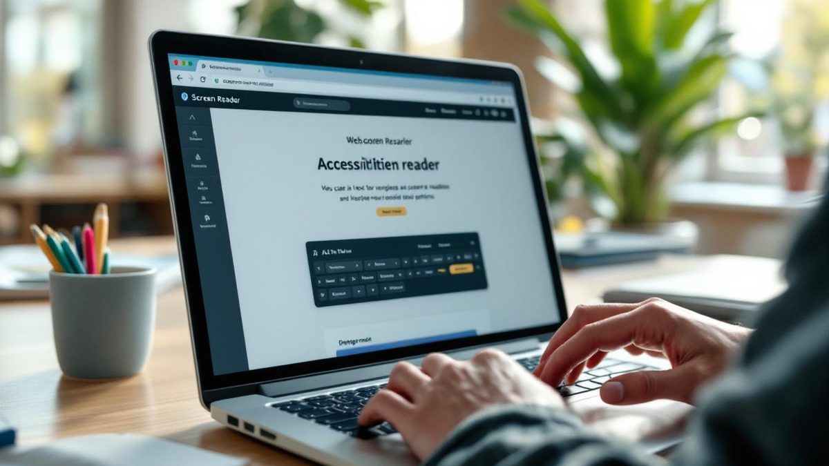 A person using a screen reader on a laptop in a bright office, highlighting website accessibility features.