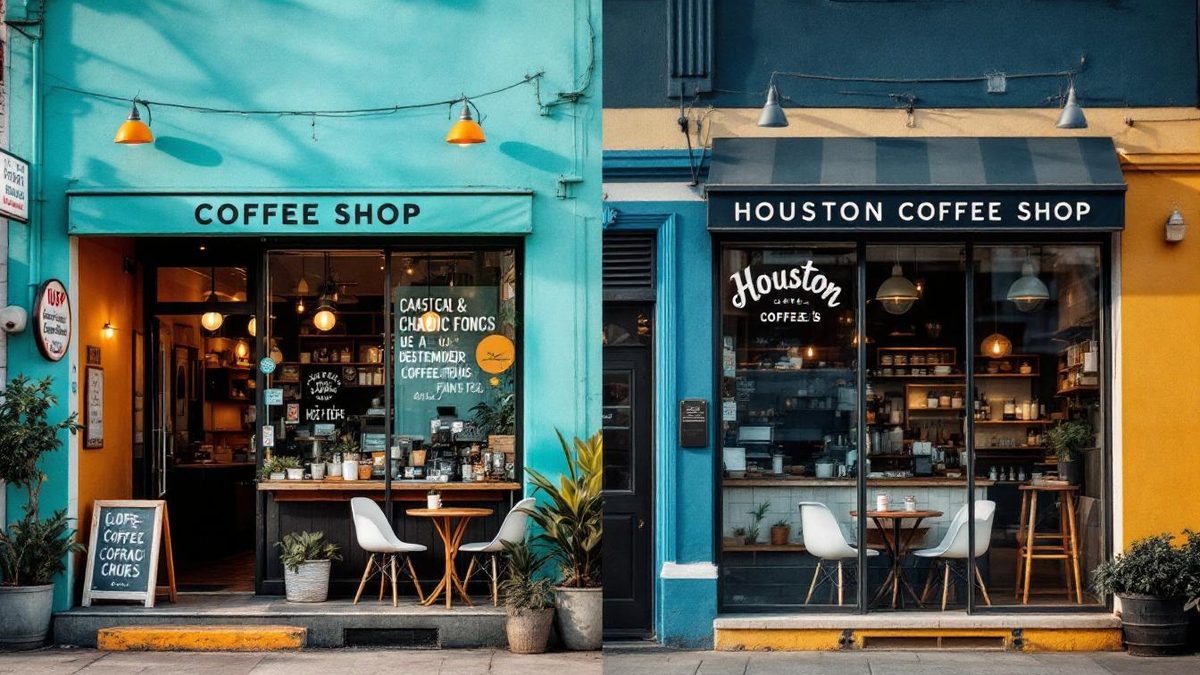 Contrasting storefronts of a Houston coffee shop illustrating inconsistent and consistent branding.