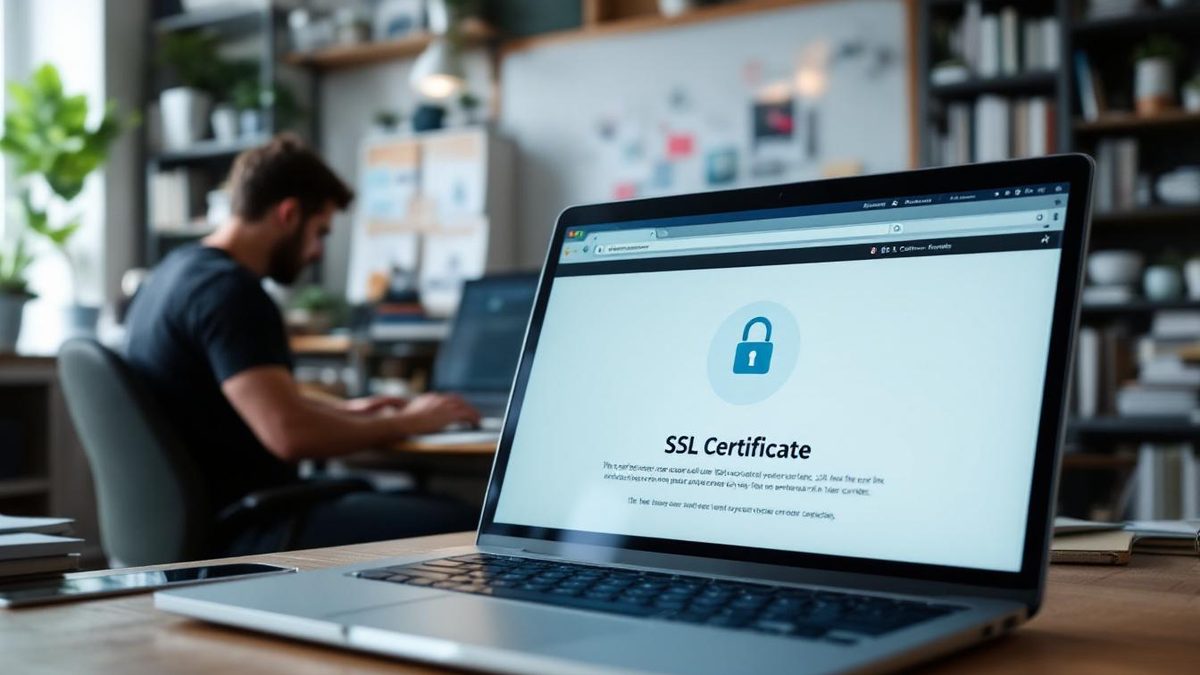 Close-up of a laptop showing a secure website with SSL certificate icon, emphasizing online security.