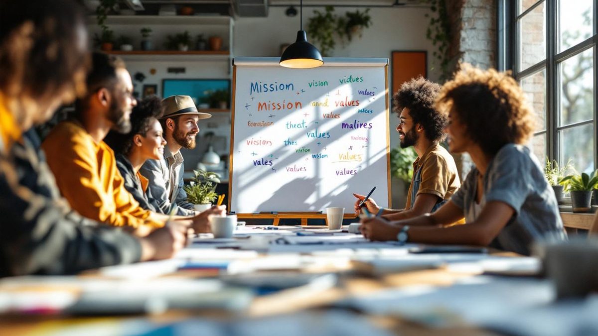 Designers and clients discussing brand mission and vision during a brainstorming session.